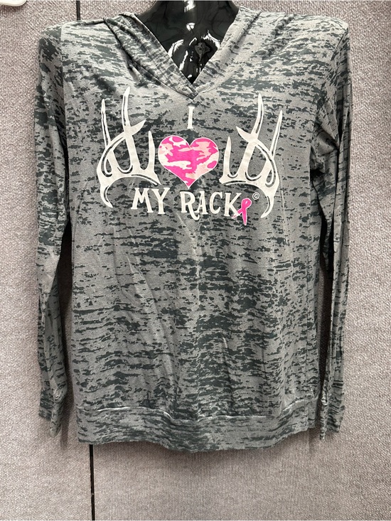 Next Level Apparel Tops - Next Level Apparel Gray Camo Hoodie with Pink Heart Graphic